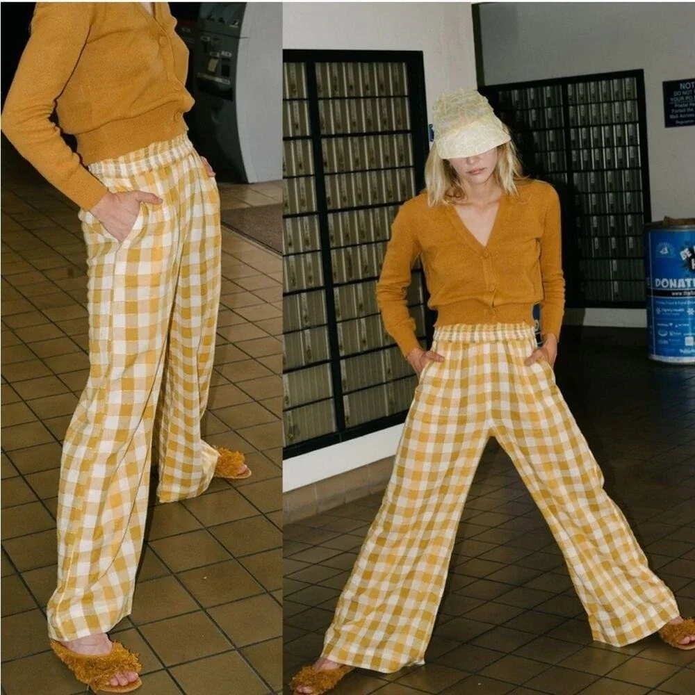 Ace & Jig Polly Plaid Cotton Wide Leg Pants in Fez Size L